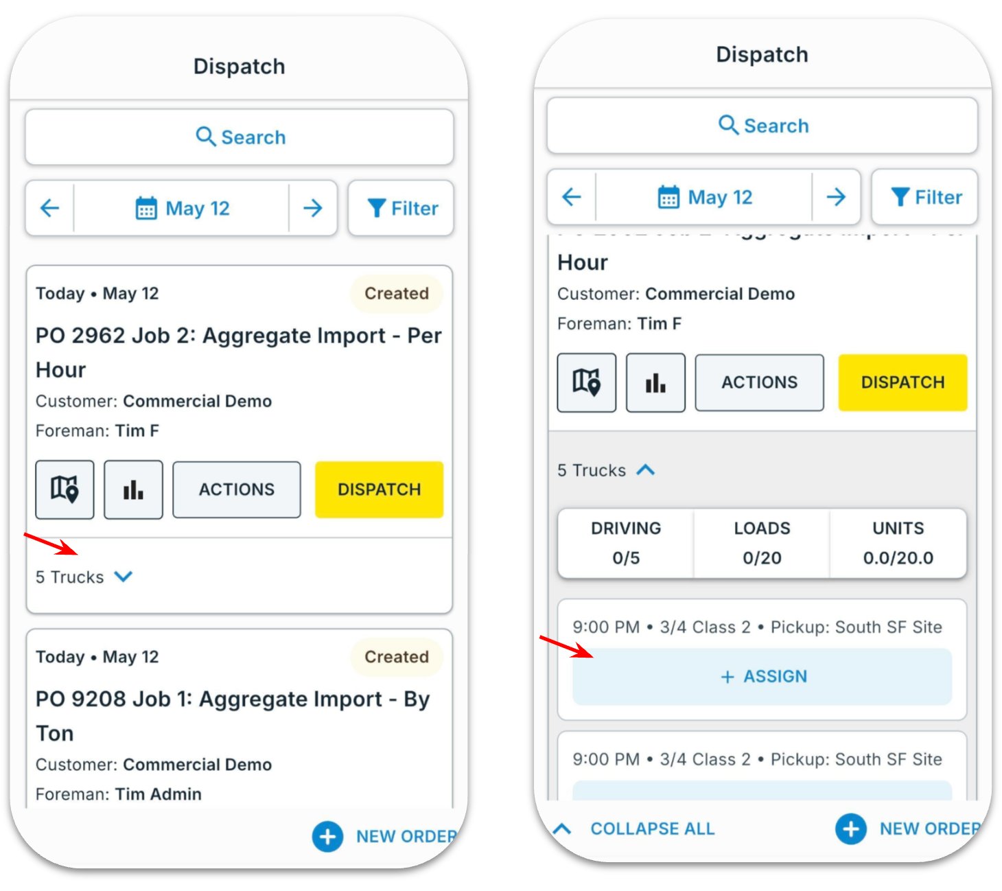 Expand the order, then tap + Assign