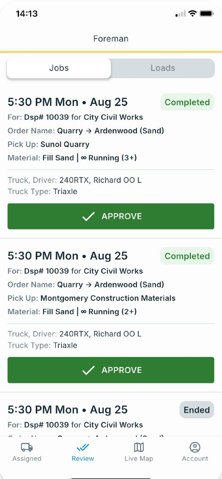 Jobs ready to approve in the Tread foreman app