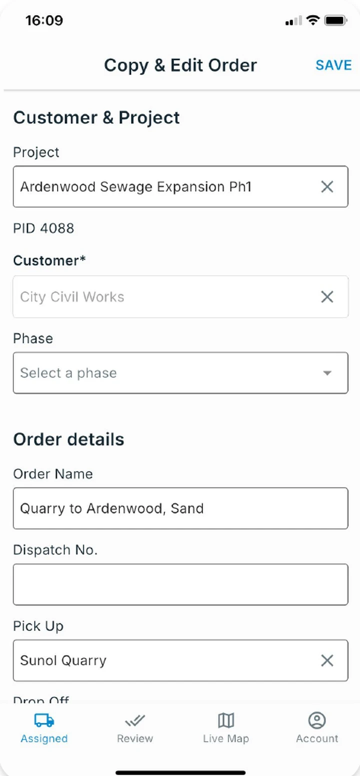 Order form in the Tread foreman app
