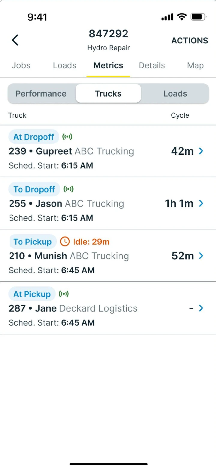 Truck status, idle time, and cycle times in the Tread foreman app