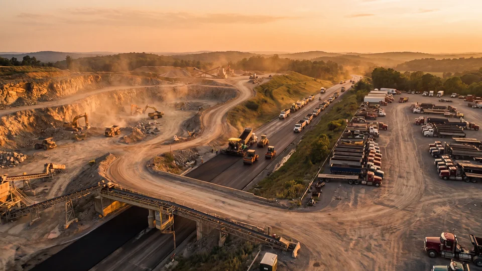 Loaded haul truck leaving the pit at dusk