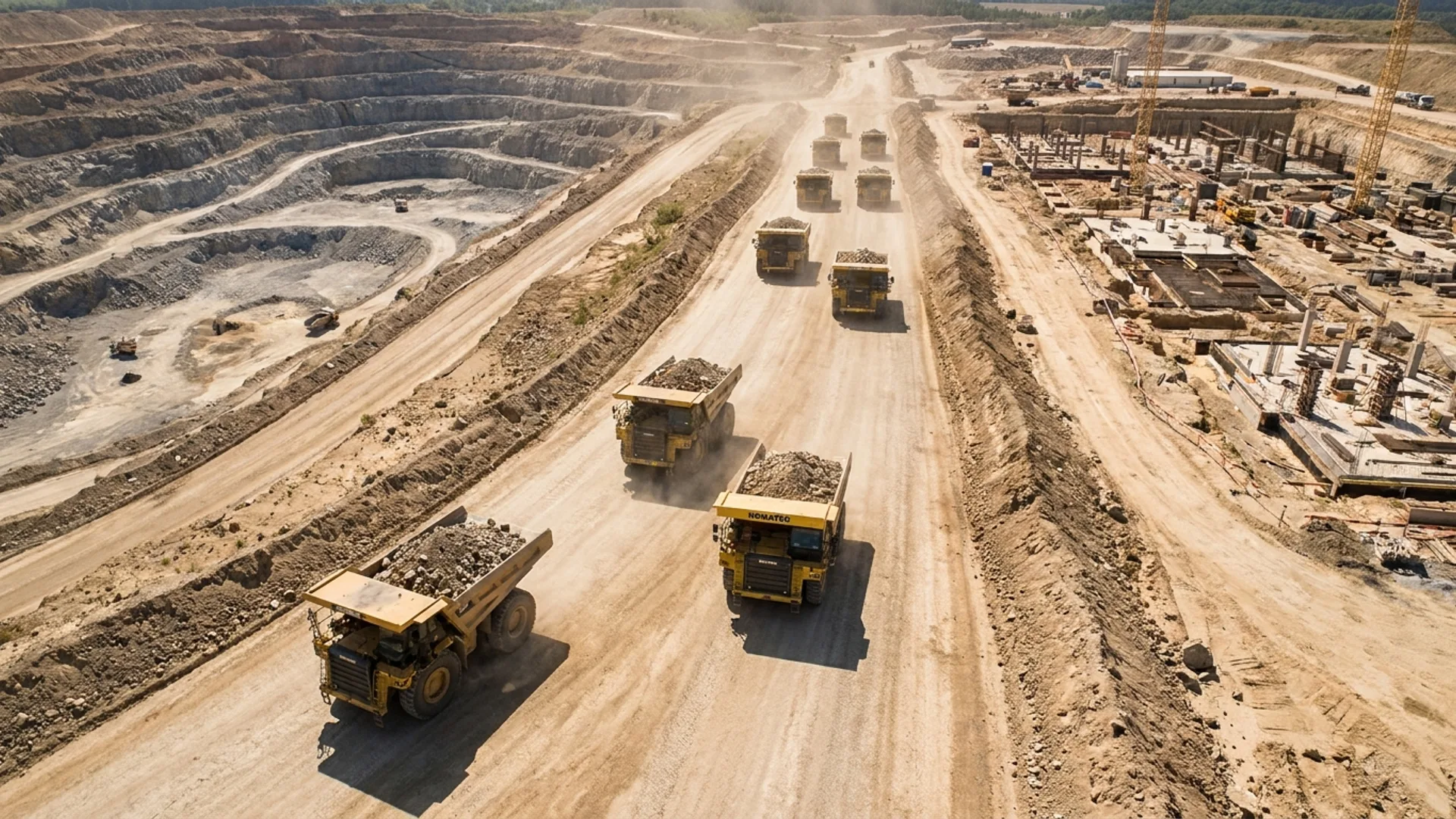 Haul trucks running loaded out of a mass excavation toward a build site