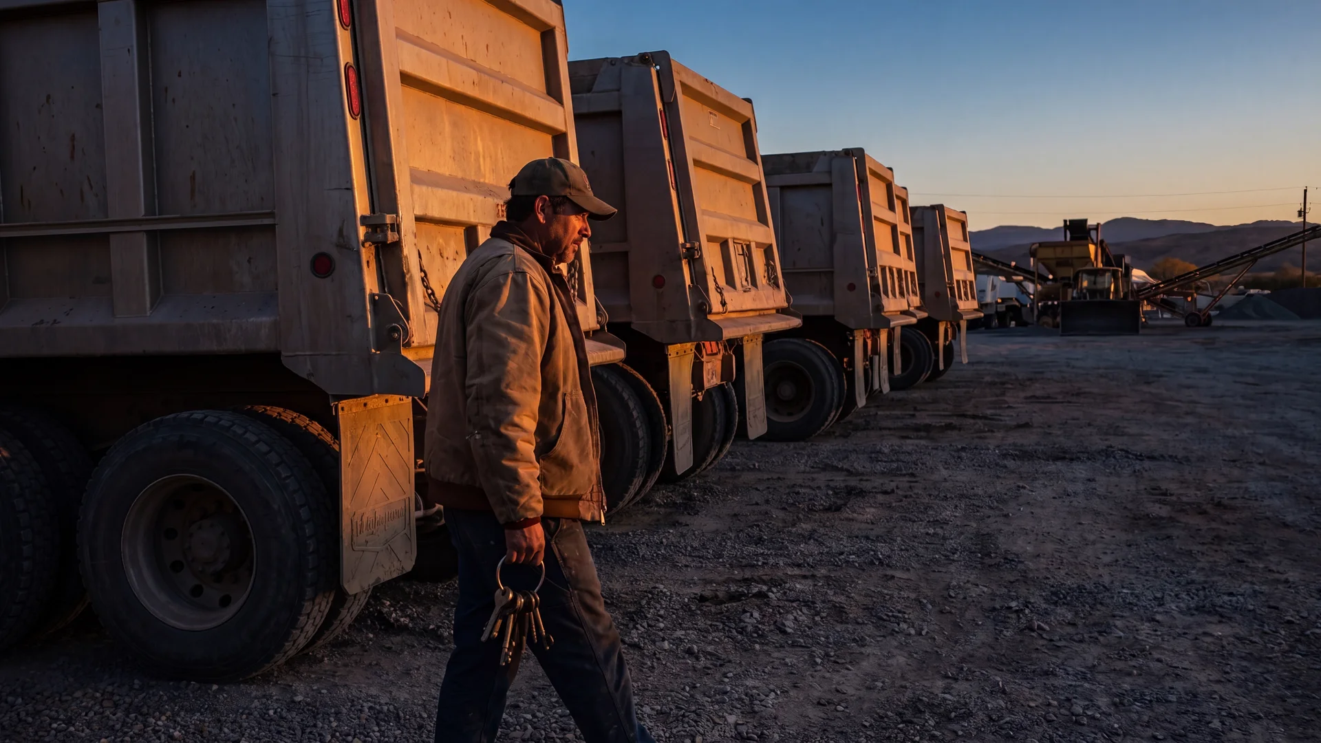 Owner walking a row of dump trucks at the pit at first light