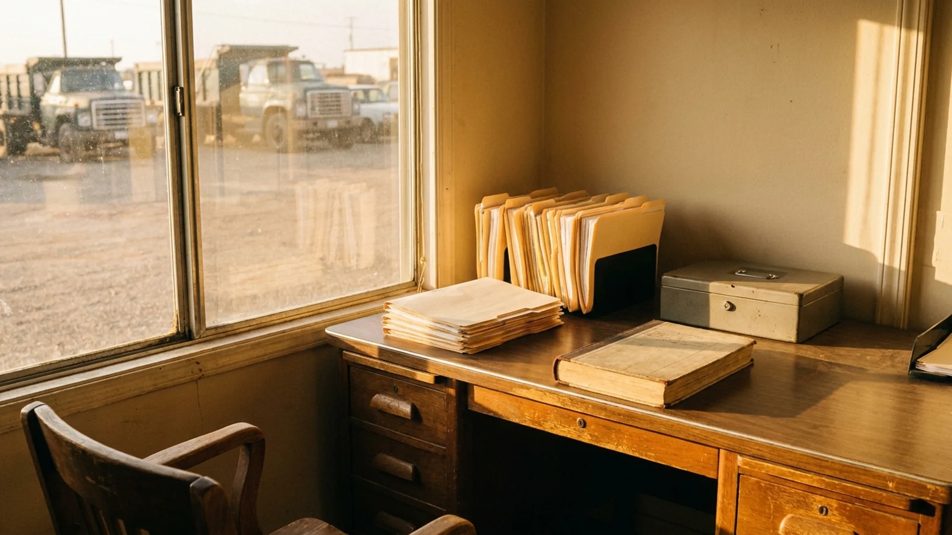 Hauler’s back office with invoice folders on the desk and dump trucks parked outside the window