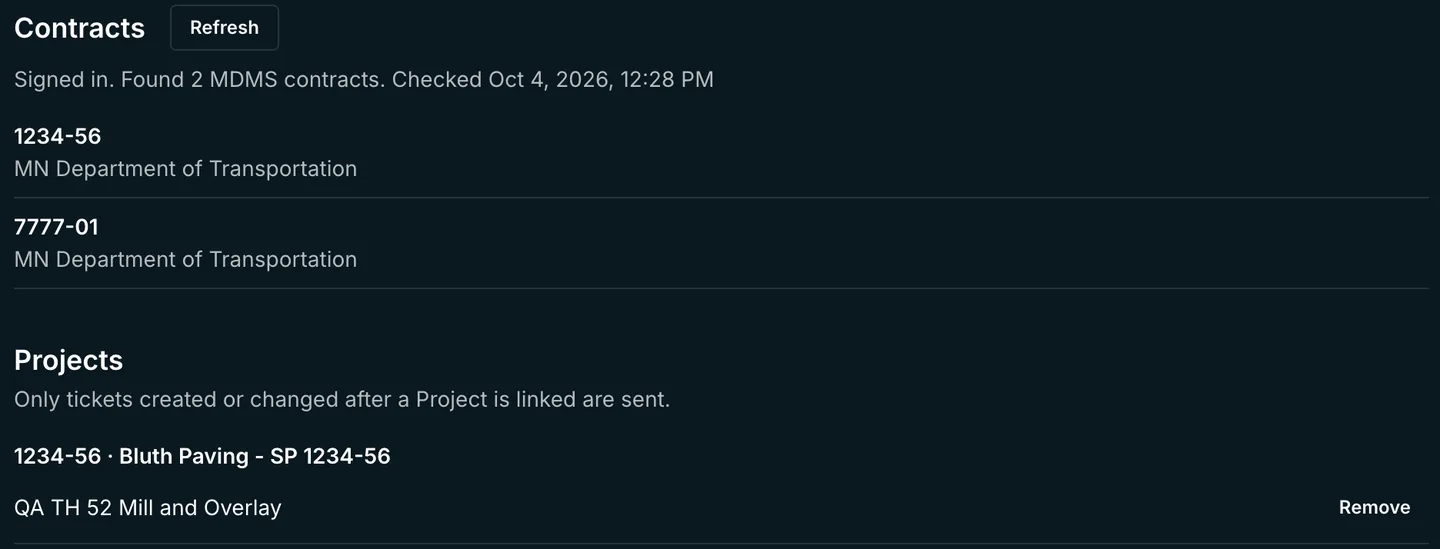 Tread Settings listing two MnDOT contracts found on the e-ticketing account, with a Tread project linked to one of them