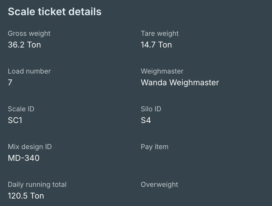 Scale ticket details on a load in Tread: gross and tare weight, load number, weighmaster, scale ID, silo ID, mix design ID, and daily running total