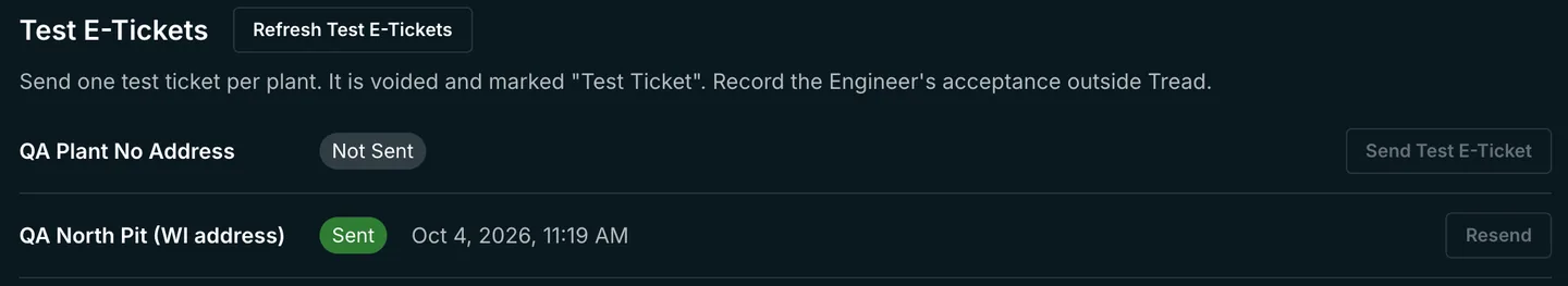 Test E-Tickets list in Tread with one plant marked Sent and the time it was sent, and another plant not sent yet