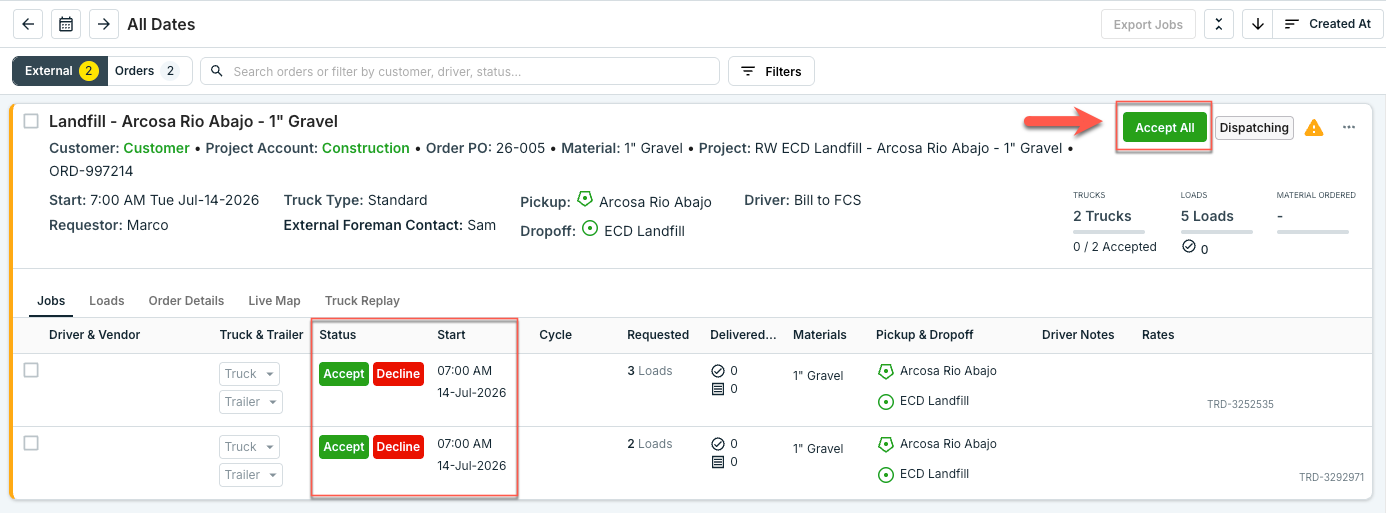 External tab showing an inbound order with Accept and Decline buttons on each job row and Accept All at the top