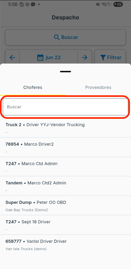 Selector de chofer: buscar por nombre