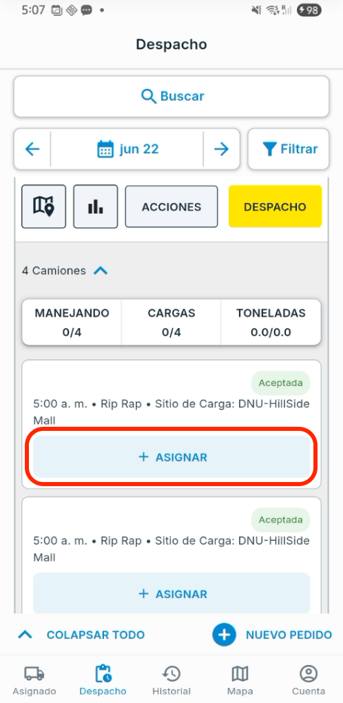 Camiones expandidos: toca + ASIGNAR