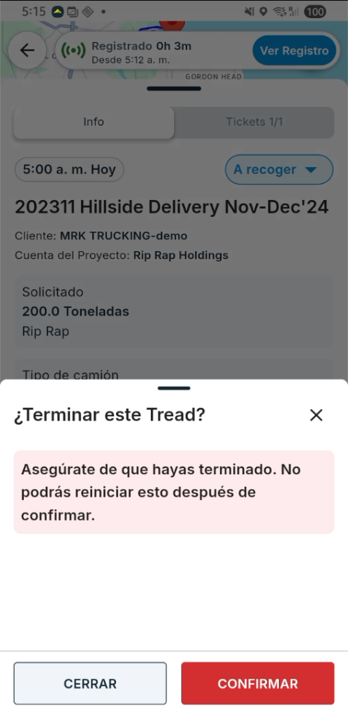 Confirmación para finalizar el Tread